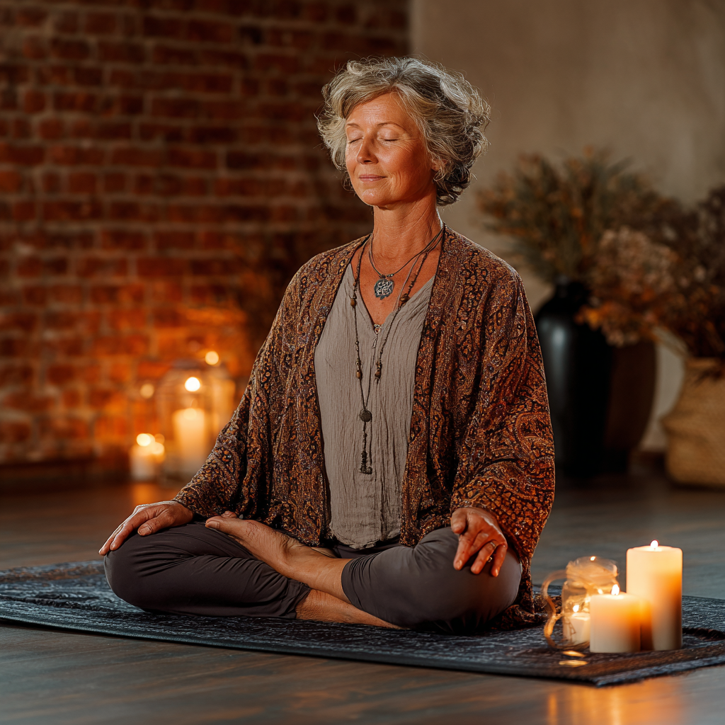 Жінка 55 років виконує м'яку асану йоги на килимку в затишній студії