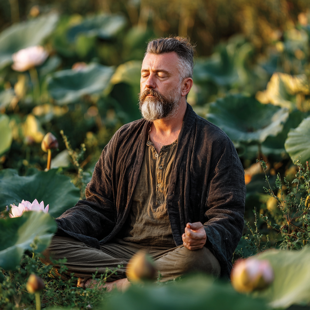 Чоловік 58 років медитує в позі лотоса на природі серед зелені