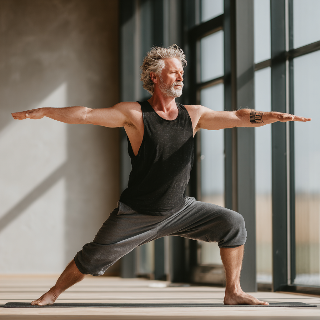 Чоловік 60 років у позі воїна в сучасній йога-студії з великими вікнами